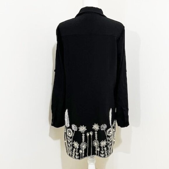 Simon Chang Black Button Dress Tunic Top Floral Embroidered & Beaded Size 10 - Picture 4 of 9